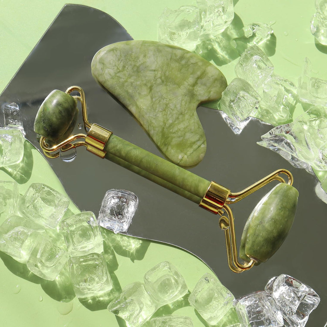 Jade Roller Facial Massager Manual With Gua Sha Tool Natural Skincare Relax & Refresh